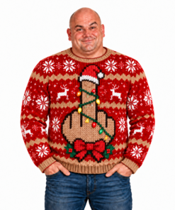 Funny Middle Finger Christmas Sweater with Santa hat and Christmas lights, tan skin tone