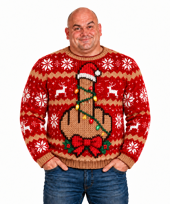 Funny Middle Finger Christmas Sweater front view on model