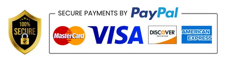 100% secure payments by PayPal: Mastercard, Visa, Discover, American Express